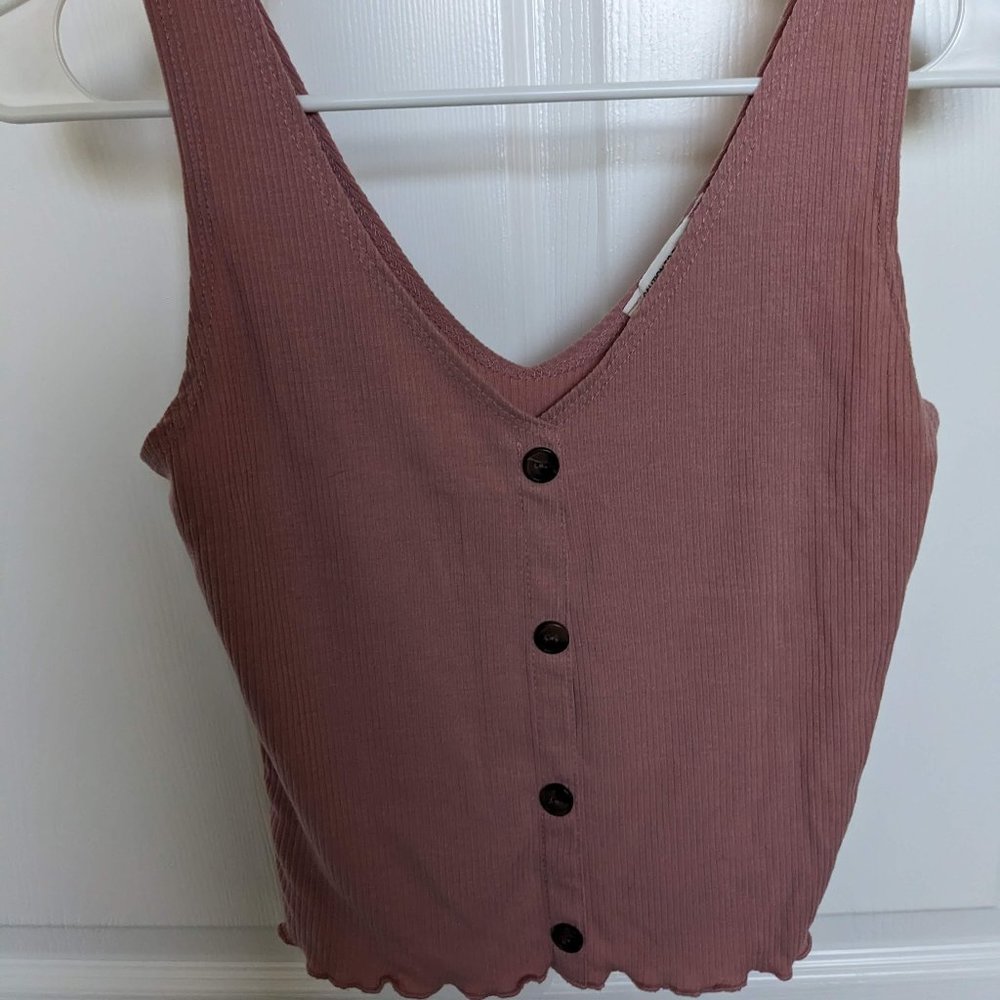MAUVE Antique Pink RIBBED CROP TOP tank w/ button accents - V Neck - Women's S